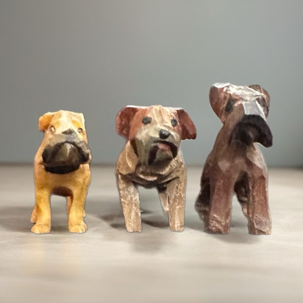 Antique 3 hand Carved Wooden Miniature Dogs circa early 1900s